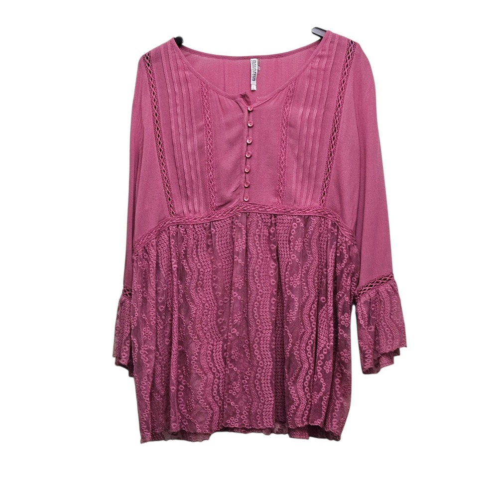 Monoreno Tunic Top Womens Large Pink Lace‎ Embroidered Boho Bell Sleeve Henley